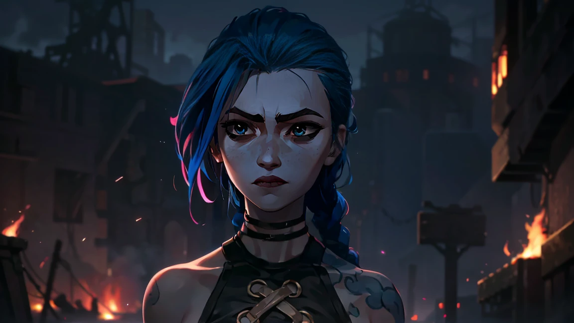 (masterpiece, Best quality), 1 girl, portrait very detailed face,, very sexy, crazy look, smile, crying, pink tears, tears on the cheeks, tears from eyes, full length (full body 1.1.), очень feminine, fighting stance, battle, fire, explosions, burning city, beautiful waist, gloomy composition, flame, fire, Flash, very beautiful, feminine, long hair, hair braided in long braids, very sexy, tight leather pants, emphasis on the eyes, emphasis on the face, Beautiful face, hands, hair, haired ponytail, red purple eyes, Джинкс crying, Blue cloud tattoo, (masterpiece, Best quality), Side lighting, beautiful detailed eyes, crazy face), (Best quality), (masterpiece), magic photography, Spectacular lighting, photorealism, ultra detailed, intimate portrait composition, 1. 4,8 K UHD, aesthetic, Cd., a high resolution, 8 K, Better lighting, Best shade, Ultra-HD, a high resolution, Sharp Focus, complex background, cinematic lighting, ((Landscape view)), 4K block, (Better lighting), ((cinematic lighting)),