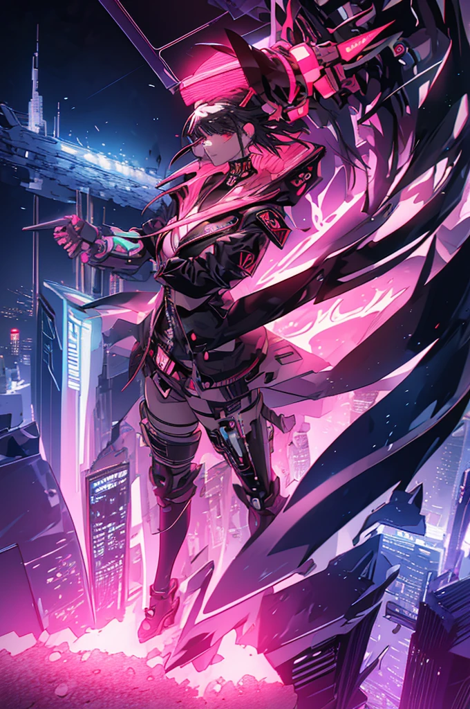 Highest quality, masterpiece, Ultra-high resolution,A woman standing on top of a building overlooking the city at night,Neon Town, cyber punk vibe, cyber punk art style, cyber punk vibes, digital cyber punk - anime art, cyber punk themed art, cyber punk anime art, digital cyber punk anime art, in cyber punk style, cyber punk artstyle, has cyber punk style, anime cyber punk art, in cyber punk city, cyber punk art, cyber punk))), cyber punk style, style of cyber punk