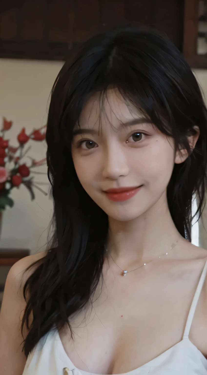 Best quality, Ultra-high resolution, (Realistically:1.4),Cute hairpin,Baoyu girl,Standing in the wedding hall,(The flattest:1.2) ,A pair of clear and moving peach blossom eyes,Royal sisters,Sunshine on the face,Big wavy hairstyle,(Necklace:1.2),(White skin:1.4),Sense of atmosphere,A beautiful girl, Smile,Look directly at the audience, Close-up cleavage ,(Reality:1.4),1 Girl,Sexy,(Upper Body:1.4),(Wet),(:1.2)