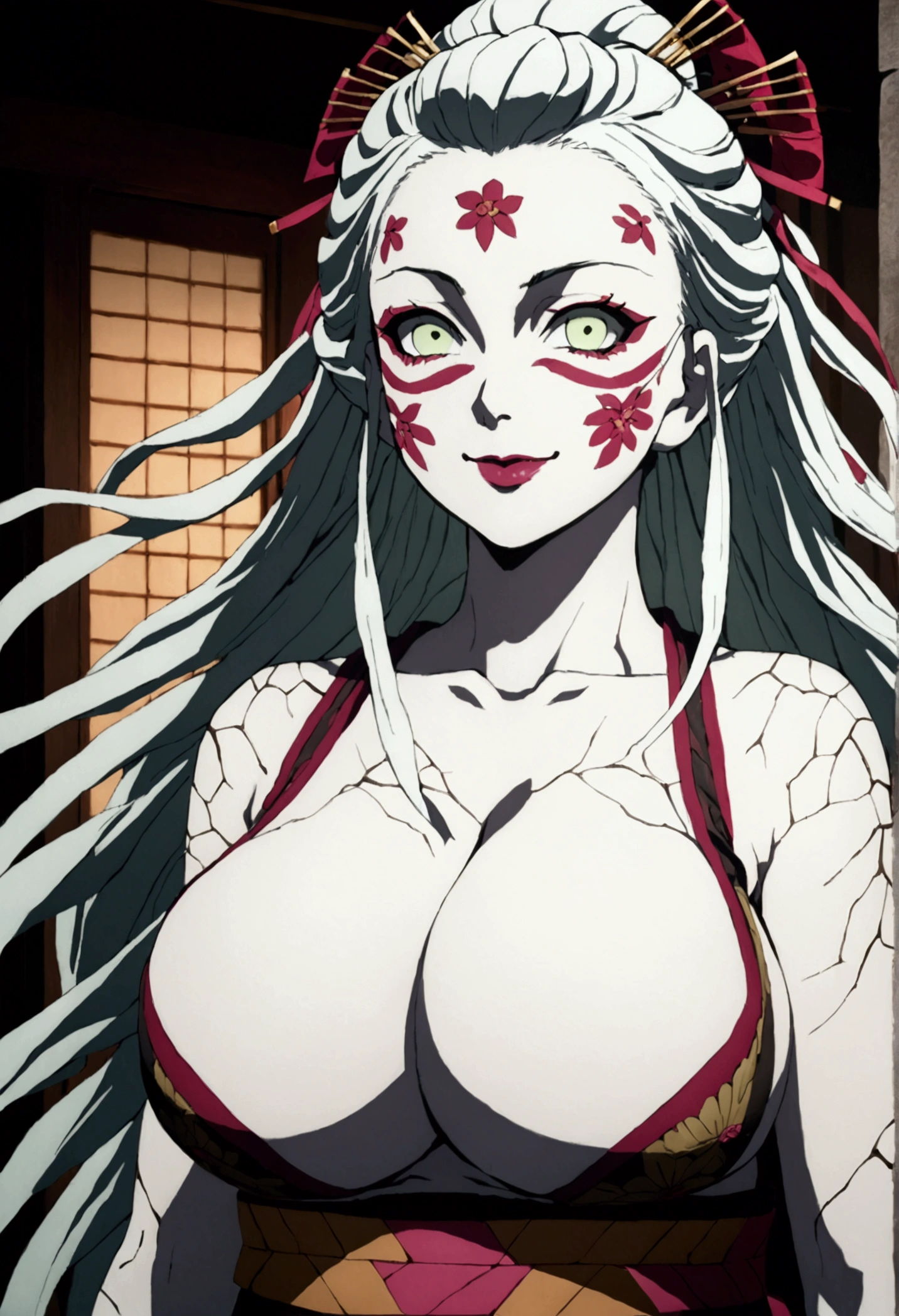 (looking sideways, pale skin, lingerie)), cowboy shot, best quality, shiny hair, facial mark, cracked skin, pink lipstick, slit pupils), smile, smile, smile, masterpiece, huge breasts, (in Kimetsu no Yaiba style), floating obi, eyes not facing forward, cinematic lighting, 1girl, floating green eyes, huge breasts, daki, solo, long hair, gigantic tits, cleavage, ,V4,Daki,DakiV4, sidedoggystyle, 