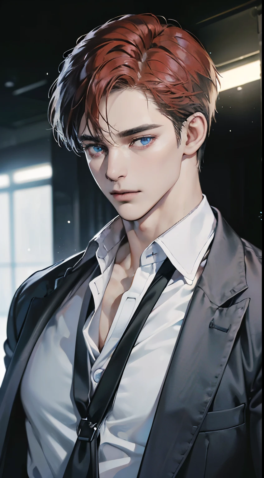 (best quality, masterpiece, 8K, photorealistic, cinematic lighting, 1:4 hdr image, ultra detailed, beautiful image), a mature man, 34 years very handsome, ((cold expression)), short red hair, blue eyes, face perfect without mistakes, ((buttoning his jacket, CEO))