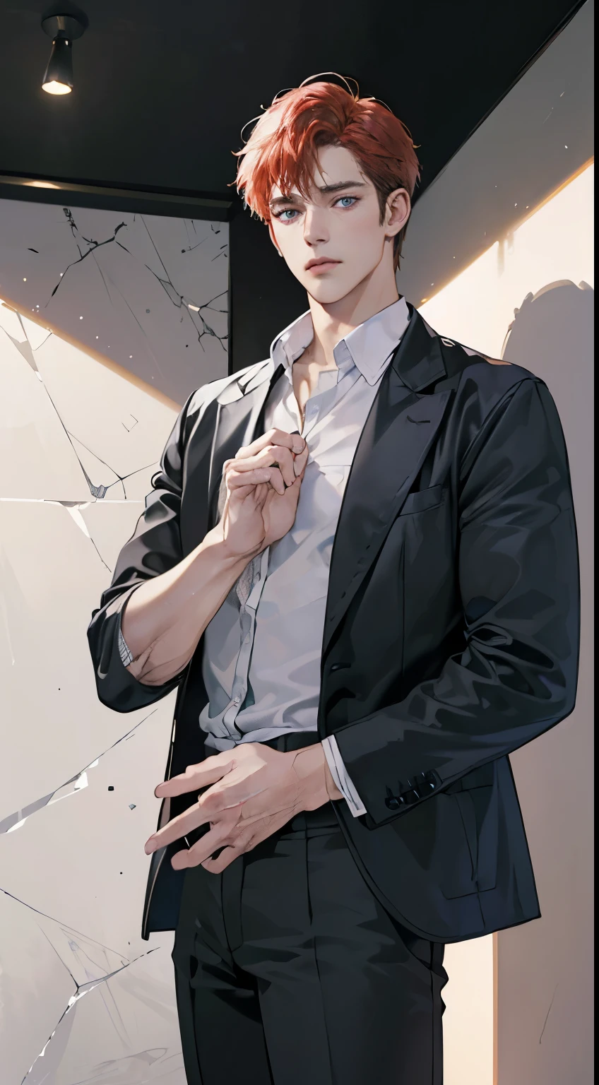 (best quality, masterpiece, 8K, photorealistic, cinematic lighting, 1:4 hdr image, ultra detailed, beautiful image), a mature man, 34 years very handsome, ((cold expression)), short red hair, blue eyes, face perfect without mistakes, ((buttoning his jacket, CEO))