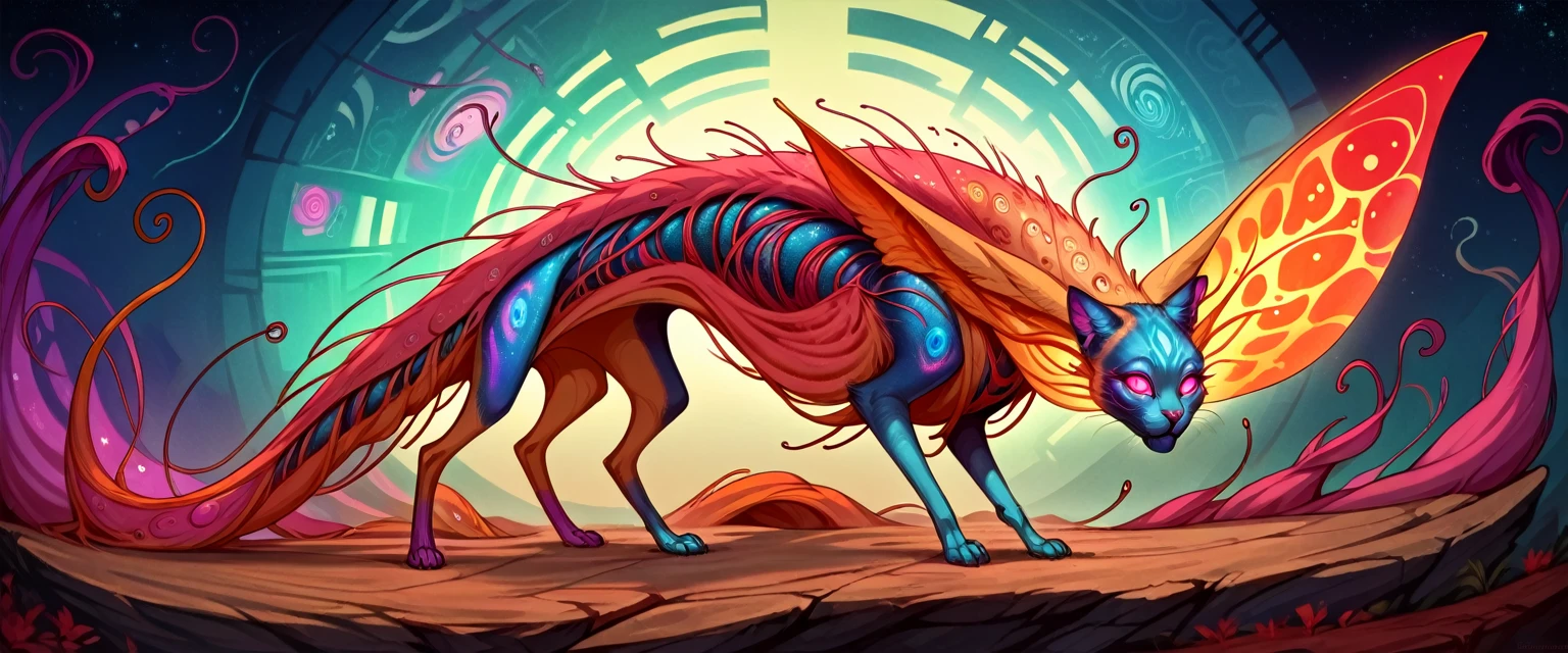 alien cat creature, extraterrestrial feline, surreal fantasy creature, abstract alien animal, organic otherworldly being, mystical cosmic cat, psychedelic extraterrestrial fauna, ethereal alien cat entity, bioluminescent space cat, otherworldly feline lifeform, intricate alien cat design, detailed extraterrestrial cat creature, imaginative alien cat portrait, photorealistic alien cat, hyper-detailed cosmic cat, (best quality, 8k, highres, masterpiece:1.2), ultra-detailed, (realistic, photorealistic, photo-realistic:1.37), vibrant colors, dramatic lighting, intricate patterns, glowing ethereal eyes, sharp focus, cinematic composition