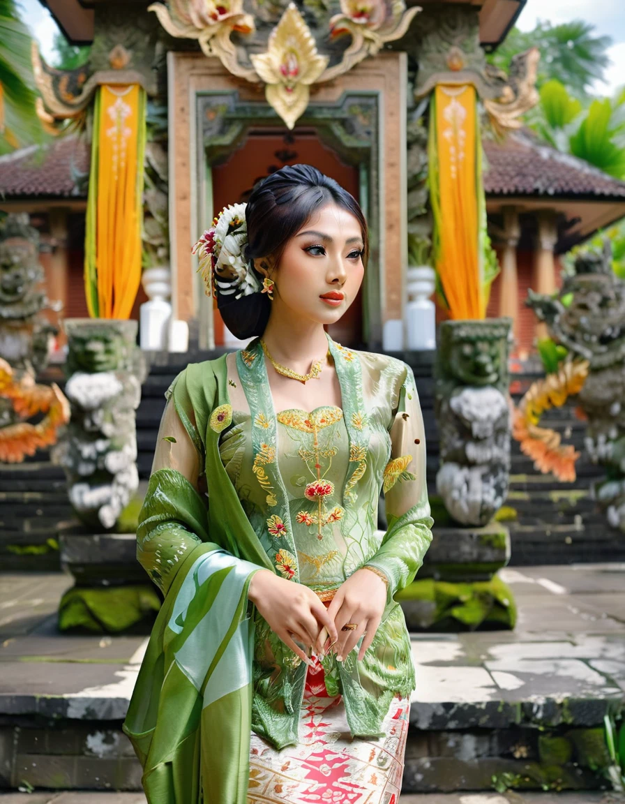 Illustrate a beautiful girl close up dressed in kebaya, set against the backdrop of a Balinese temple. Ensure that the image is photorealistic and of top-quality 8K HDR, capturing every intricate detail of the scene.,kebaya,kebaya indonesia,p3rfect ,cleavage
Extremelly detailed, ultra sharp