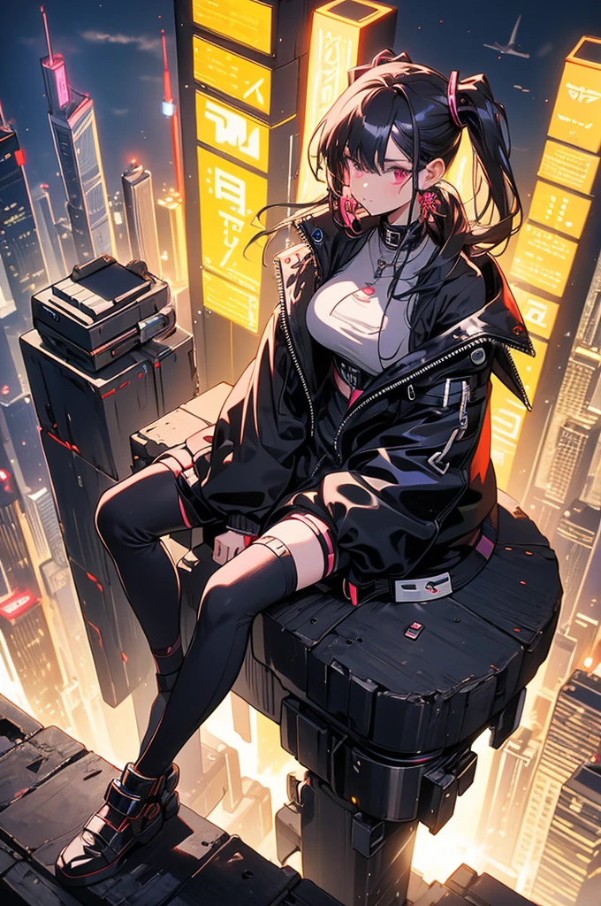 Highest quality, masterpiece, Ultra-high resolution,A woman standing on top of a building overlooking the city at night,Neon Town, cyber punk vibe, cyber punk art style, cyber punk vibes, digital cyber punk - anime art, cyber punk themed art, cyber punk anime art, digital cyber punk anime art, in cyber punk style, cyber punk artstyle, has cyber punk style, anime cyber punk art, in cyber punk city, cyber punk art, cyber punk))), cyber punk style, style of cyber punk