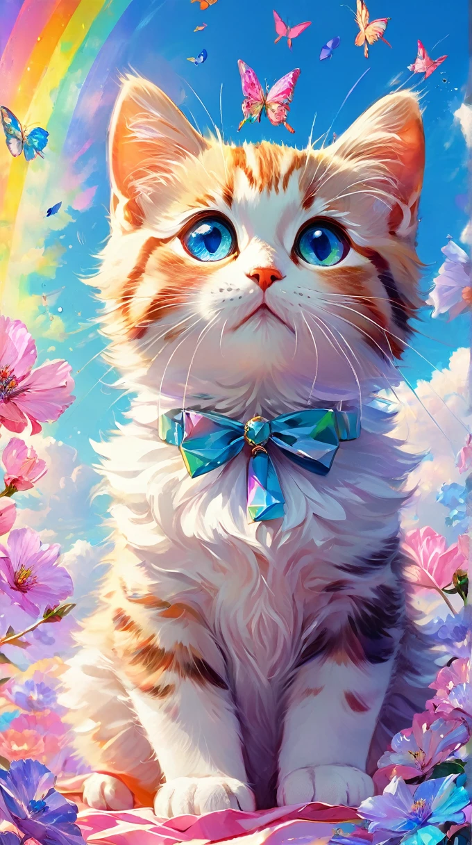 (((masterpiece))), ((Very detailed)), Cute abstract style, cigarette, In the sky, Colorful and vibrant, Mysterious colors, modern impressionism, Portrait of Yanjun Chen, Rainbow Perspective ,Low - Angle, Expanding Swirling Configuration, Big beautiful crystal eyes, Big Iris, 超High resolution, High resolution, 8k, The most beautiful portraits in the world, Little cat, Non-expressive, Color and shape, emotional expression, Imaginative