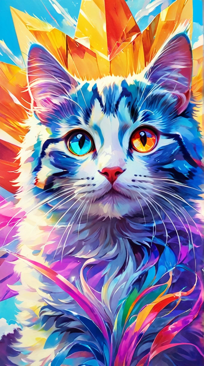 (((masterpiece))), ((Very detailed)), Cute abstract style, cigarette, In the sky, Colorful and vibrant, Mysterious colors, modern impressionism, Portrait of Yanjun Chen, Rainbow Perspective ,Low - Angle, Expanding Swirling Configuration, Big beautiful crystal eyes, Big Iris, 超High resolution, High resolution, 8k, The most beautiful portraits in the world, Little cat, Non-expressive, Color and shape, emotional expression, Imaginative