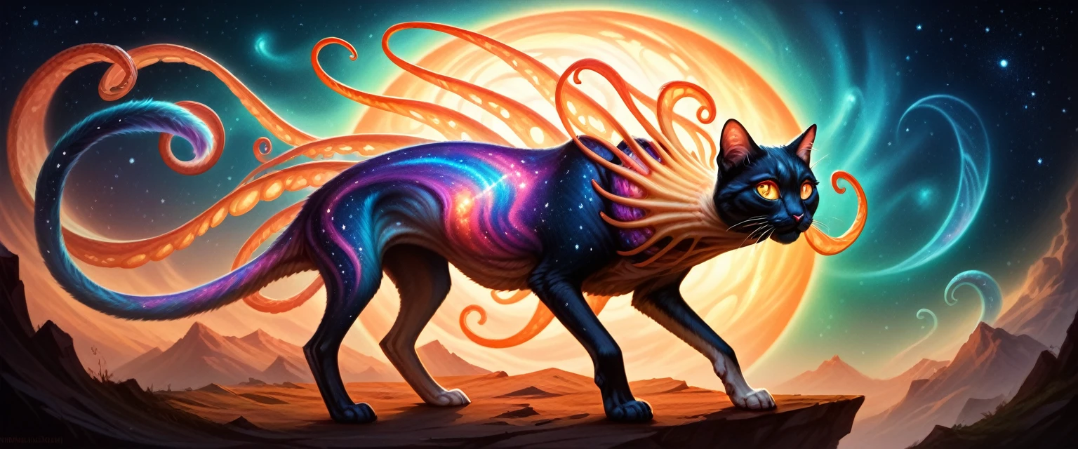 alien cat creature, extraterrestrial feline, surreal fantasy creature, abstract alien animal, organic otherworldly being, mystical cosmic cat, psychedelic extraterrestrial fauna, ethereal alien cat entity, bioluminescent space cat, otherworldly feline lifeform, intricate alien cat design, detailed extraterrestrial cat creature, imaginative alien cat portrait, photorealistic alien cat, hyper-detailed cosmic cat, (best quality, 8k, highres, masterpiece:1.2), ultra-detailed, (realistic, photorealistic, photo-realistic:1.37), vibrant colors, dramatic lighting, intricate patterns, glowing ethereal eyes, sharp focus, cinematic composition