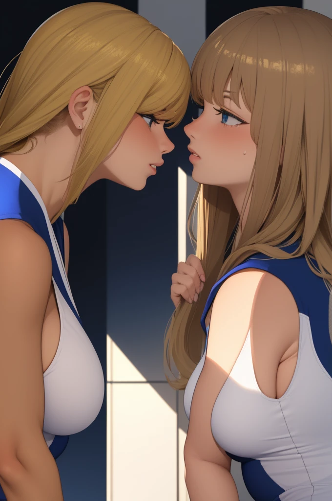 2woman kissing side by side, with white and blue volleyball suits, sleeveless, at the same height, (a brunette, tanned) (a blonde), little, sweaty breasts, Masterpiece, Best Quality, amazing shadows, detailed background, silk throw