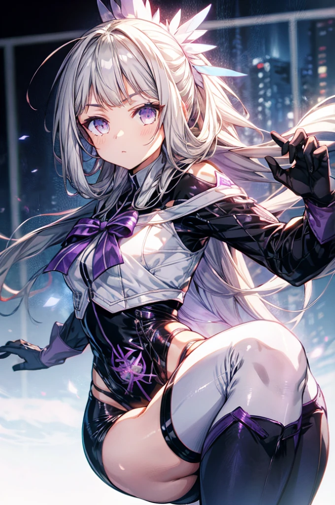 (Extremely detailed CG), (Highest quality),(whole body)，(( Squat，Spread your legs，Strike a Pose)),1 girl,alone, Grey Eyes,Long Hair, blonde,Purple Dress,Wide white sleeves,Purple ribbon,Purple Stockings,hair ornaments,Exposing shoulders,Removed sleeve, Black gloves, Blunt bangs, Magical girl, Perfect Face,  Glowing Skin, Glowing Skin, Wide Hips,Tight waist,Knee-high boots，Elbow Bag,1 girl, Long Hair, Big Breasts，Thick thighs，sunset，Octane，