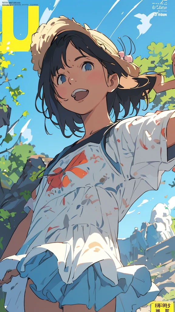 reasonable design, Clear lines, High Sharpness, (highest quality,8K,Perfect sharpness,Ultra fine,High resolution,masterpiece:1.2), Perfect Anatomy:1.5, Official Art, Illustrations that tell a story, (Whitish background:0. 9）、Body Positivity、More Mr.Physical expression、（Random and mischievous poses）、Perfect beauty、Perfect beautiful face、Strong winds、A rich expression、Dynamic composition、smile、Golden ratio composition、colorful、（Mr.Different angles and perspectives）、anime art、mini skirt、（Overcoming stereotypes）、 Glowing Skin、（Natural beauty）、smile、bangs、Straight Hair、（Soft and flowing hair）、（Rural Scenery）、（Nostalgic atmosphere）、Insert up to the thighs、（Playful and carefree）、（More Mr.Ethnic characters）、（innocent attitude）、（Sunny atmosphere）、Skirt flipped up、（Bright colors）、Belly button exposed、Beautiful Eyes、A skirt fluttering in the wind、Put it in to your feet、Some composition patterns、sensuous、Geometric pattern、emotional、Symposium cover、