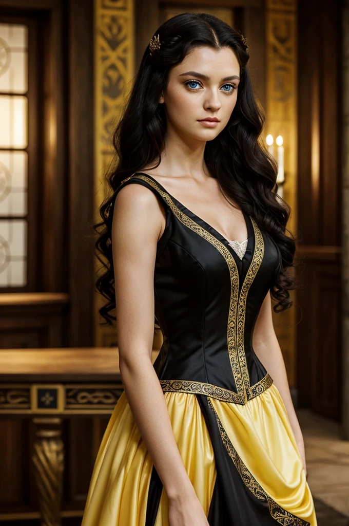 Beautiful noblewoman. Beautiful. House Baratheon. Black and yellow Dress. Long black hair curly and blue eyes. White skin. Dress sexy. Europan face. House Baratheon of Game of Thrones. Blue eyes. Look camara