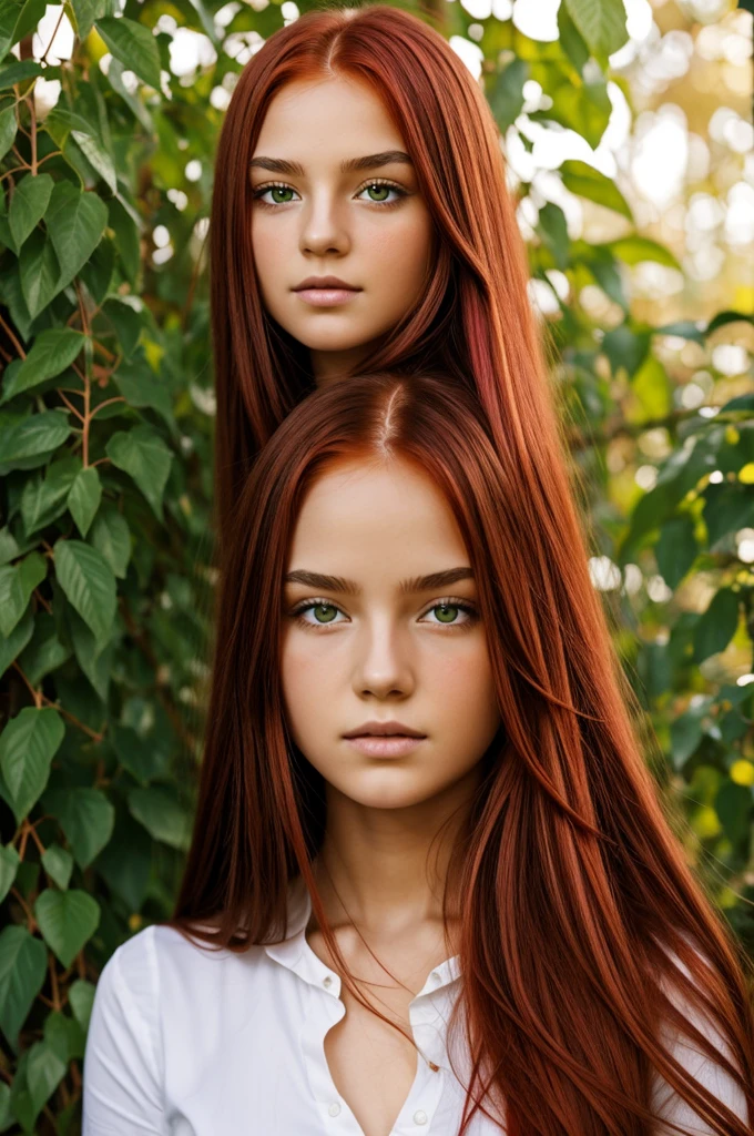 Red long hair girl with green highlights. Orange eyes and vines behind her. White background