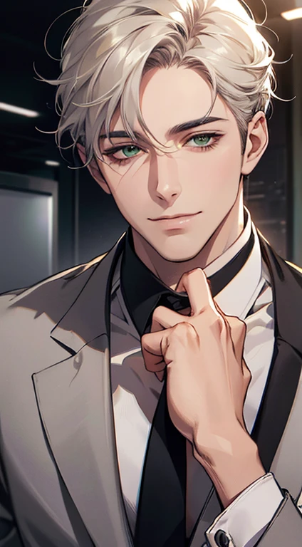 (Highest quality,4K,8K,High resolution,masterpiece:1.2),Super detailed,(Realistic,photoRealistic,photo-Realistic:1.37),1 person,34 years old,Mature Men,Beautiful skin、very handsome,Expressionless smile in love,Short white hair,green eyes,Sharp Eyes,A perfect face without a doubt,Businessman, CEO, Office Background,Cinema Lighting,HDR image,tie、