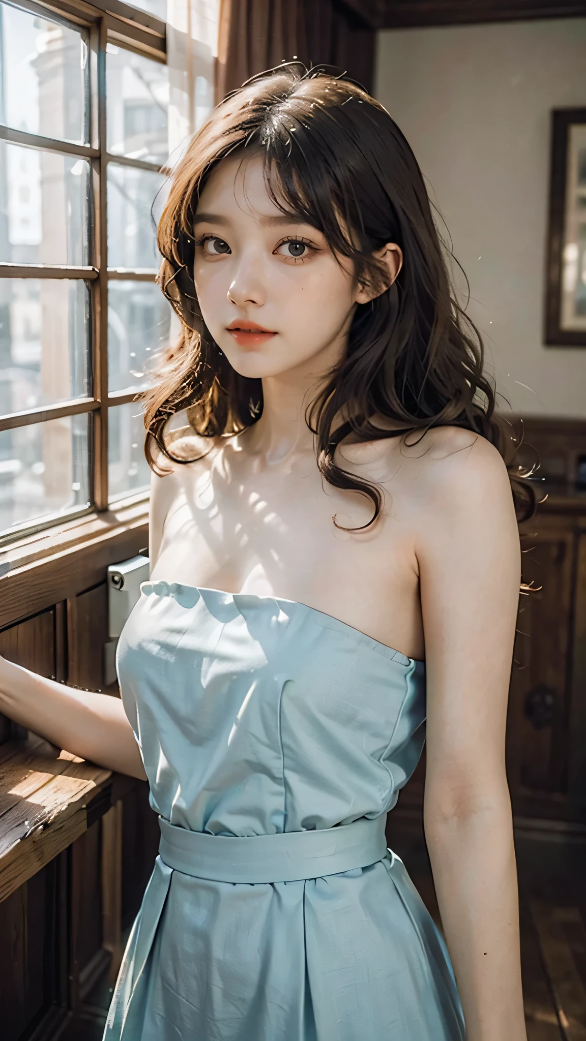 detailed background, masterpiece, best quality, 1 person , curly hair, long hair, purple eyes, star in eye , cyan Strapless blouse, long skirt, cute different poses, indoor wood furniture ,light wood color,, upper body