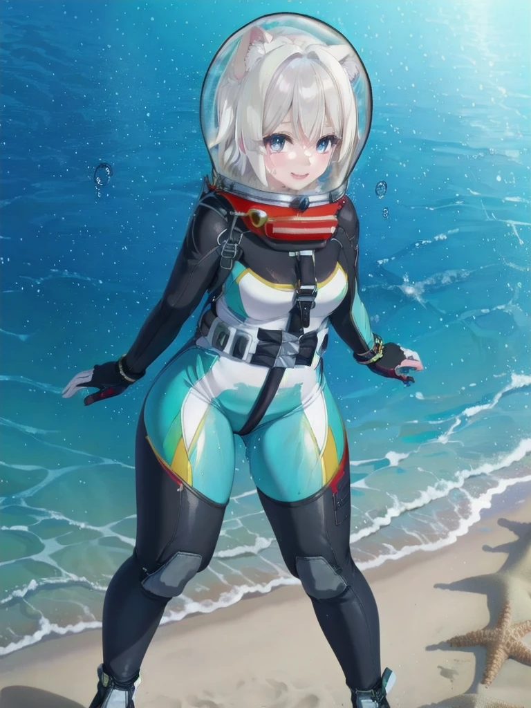 Highly detailed CG, 8k wallpaper, best quality, masterpiece, higher eyes and nose, very delicate and beautiful, beautiful, detailed,, (blue eyes: 1), (beautiful hands), (beautiful fingers) , , necklace (water:1.6), (beach:1.5), (messy hair:1.5), smile:1.3),  (sweating), (beautiful toes), (6 years old:1.5), (1girl), (ash white hair:1.5),(middle hair:1 ) (thigh circumference: 1.3) , beautiful, narrow waist, white thigh highs, narrow waist, thighs, wide hips, eyeliner, eyelashes, perfect face, detailed eyes,(spacesuit: 1.15) , white cargo pants, astronaut )bubble helmet, space helmet, space helmet, CAT EARS, bubble helmet, ,hair ornament,black hairband, blue eyes, long sleeves, green skirt,green thighhighs,, smile,