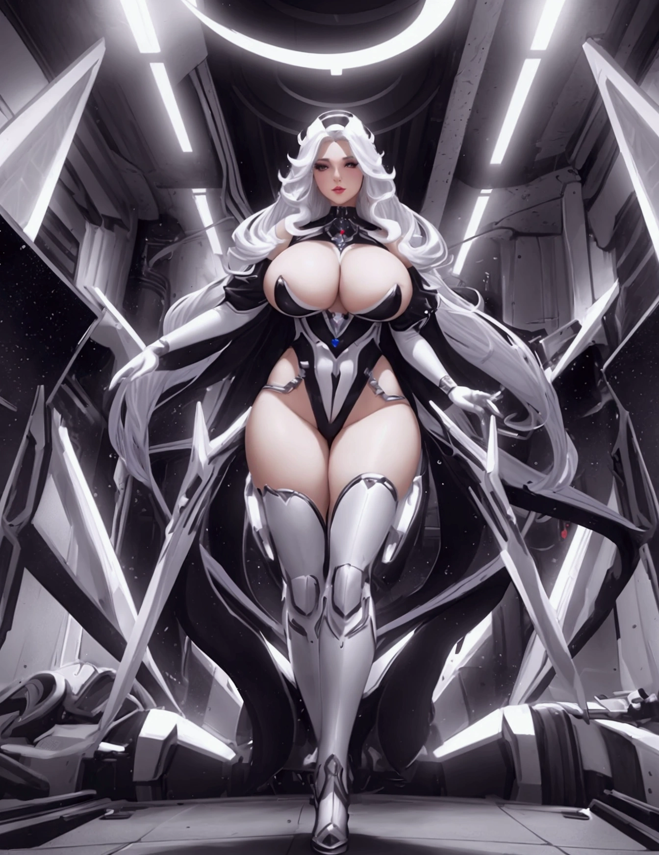 A beautiful busty woman with cleavage, sci-fi art deco style, full body view, detailed facial features, long hair, dynamic pose, dramatic lighting, vivid colors, photorealistic, 8k, best quality, highly detailed white gold black