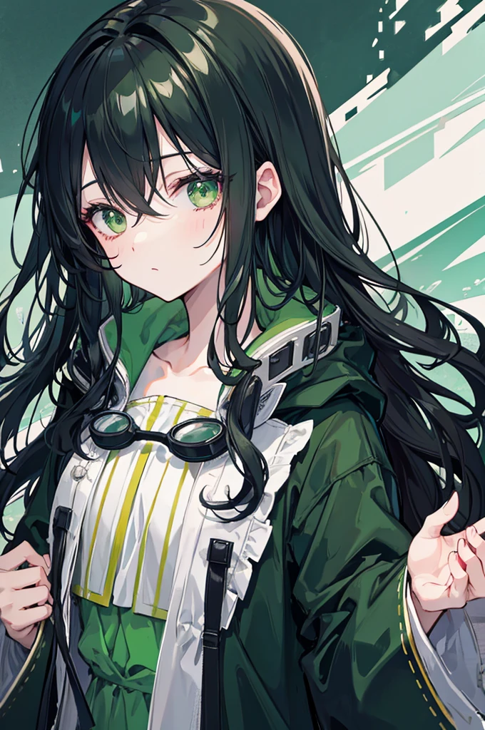 black hair, long wavy sidetail, goggles on head, sleepy eyes, green eyes, dark green robe