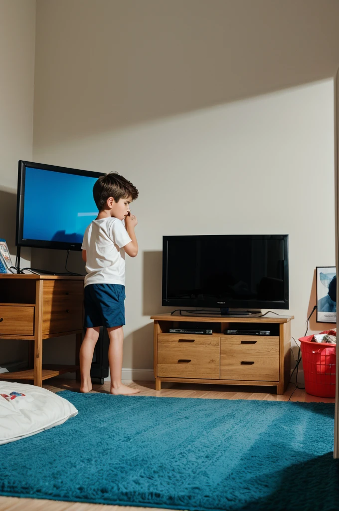Create a photo in which a boy watching tv in his room 
