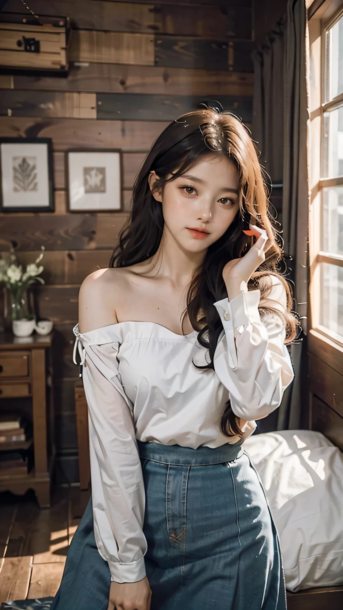 detailed background, masterpiece, best quality, 1 person , curly hair, long hair, purple eyes, star in eye , cyan Strapless blouse, long skirt, cute different poses, indoor wood furniture ,light wood color,, upper body