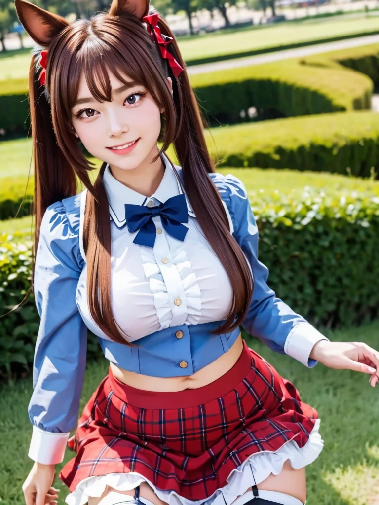 (Highest quality, 16K, masterpiece:1.55), Ultra detailed face, Detailed lips, Detailed eyes, detailed skin, double eyelid,
BREAK (looking at view:1.5), (Happy smile), (running:1.6), (dynamic pose:1.3), (dynamic angle:1.3),
BREAK 1girl, 18years old, (Oversized Breasts:1.35), (big hips:1.5), (thick thighs:1.2), (Svelte Body, Hourglass figure:0.5),
BREAK daiwa scarlet, brown hair, hair intake, (red eyes:1.5), long hair, twintails, animal ears, horse girl,
BREAK Tiara, Horse tail, Epaulettes, Garter Straps, Long sleeve, Red eyes, bow tie, Puff sleeves, Blue jacket, White knee socks, Center frill, White shirt, White Skirt, Blue Skirt, Hair Ribbon,
BREAK , nature, A vast world, Bright Sky, Cloudy,