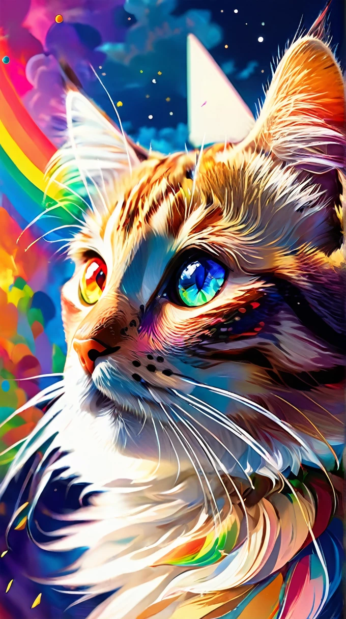 (((masterpiece))), ((Very detailed)), Cute abstract style, cigarette, In the sky, Colorful and vibrant, Mysterious colors, modern impressionism, Portrait of Yanjun Chen, Rainbow Perspective ,Low - Angle, Expanding Swirling Configuration, Big beautiful crystal eyes, Big Iris, 超High resolution, High resolution, 8k, The most beautiful portraits in the world, Little cat, Non-expressive, Color and shape, emotional expression, Imaginative