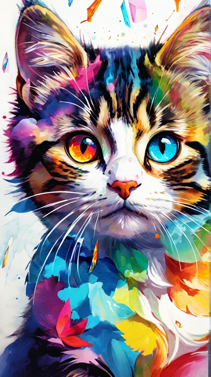 (((masterpiece))), ((Very detailed)), Cute abstract style, cigarette, In the sky, Colorful and vibrant, Mysterious colors, modern impressionism, Portrait of Yanjun Chen, Rainbow Perspective ,Low - Angle, Expanding Swirling Configuration, Big beautiful crystal eyes, Big Iris, 超High resolution, High resolution, 8k, The most beautiful portraits in the world, Little cat, Non-expressive, Color and shape, emotional expression, Imaginative