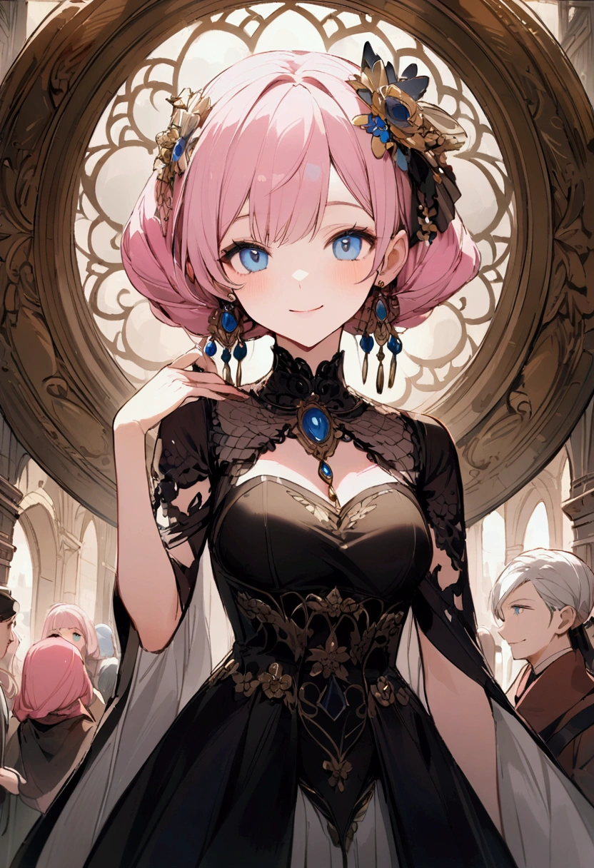 3Merchant of People、The merchant in the middle is a pink-haired girl.、blue eyes、Smiling