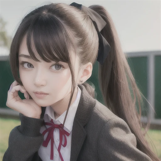 best quality, realistic, photorealistic, extremly detailed, an extremely delicate and beautiful, RAW photo,
full body, a 27 years old woman, (cute, ribbon, black iris, school setting:1.3), brown hair, brown eyes, smaller head, fashion girl, beautiful eyes, small breast,real face, real skin, realistic face, realistic skin, detailed eyes, detailed facial features,
detailed clothes features, (school uniform:1.3), (shoulder length ponytail: 1.3)
dynamic poses, looking at viewer, detailed face and breast,
(pureerosface_v1:0.33), (ulzzang-6500:0.33),