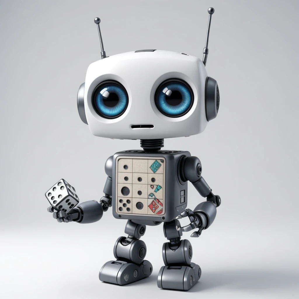 「Lost in the digital world」、A cartoon-style robot with a dice motif,Big eyes,antenna,Blank electronic display panel on chest、Holding the microphone close to his mouth while speaking、whole body