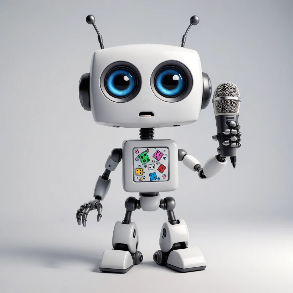「Lost in the digital world」、A cartoon-style robot with a dice motif,Big eyes,antenna,Blank electronic display panel on chest、Holding the microphone close to his mouth while speaking、whole body