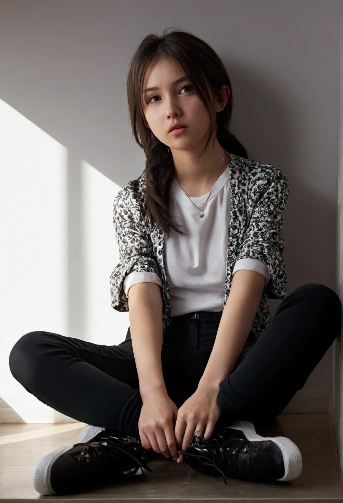 young adult girl, small, the game sucks, fashion clothes, sitting in front, open legs