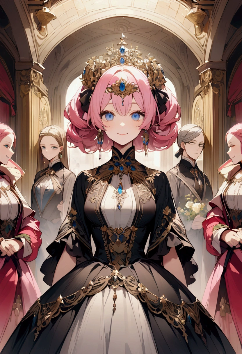 3Merchant of People、The merchant in the middle is a pink-haired girl.、blue eyes、Smiling