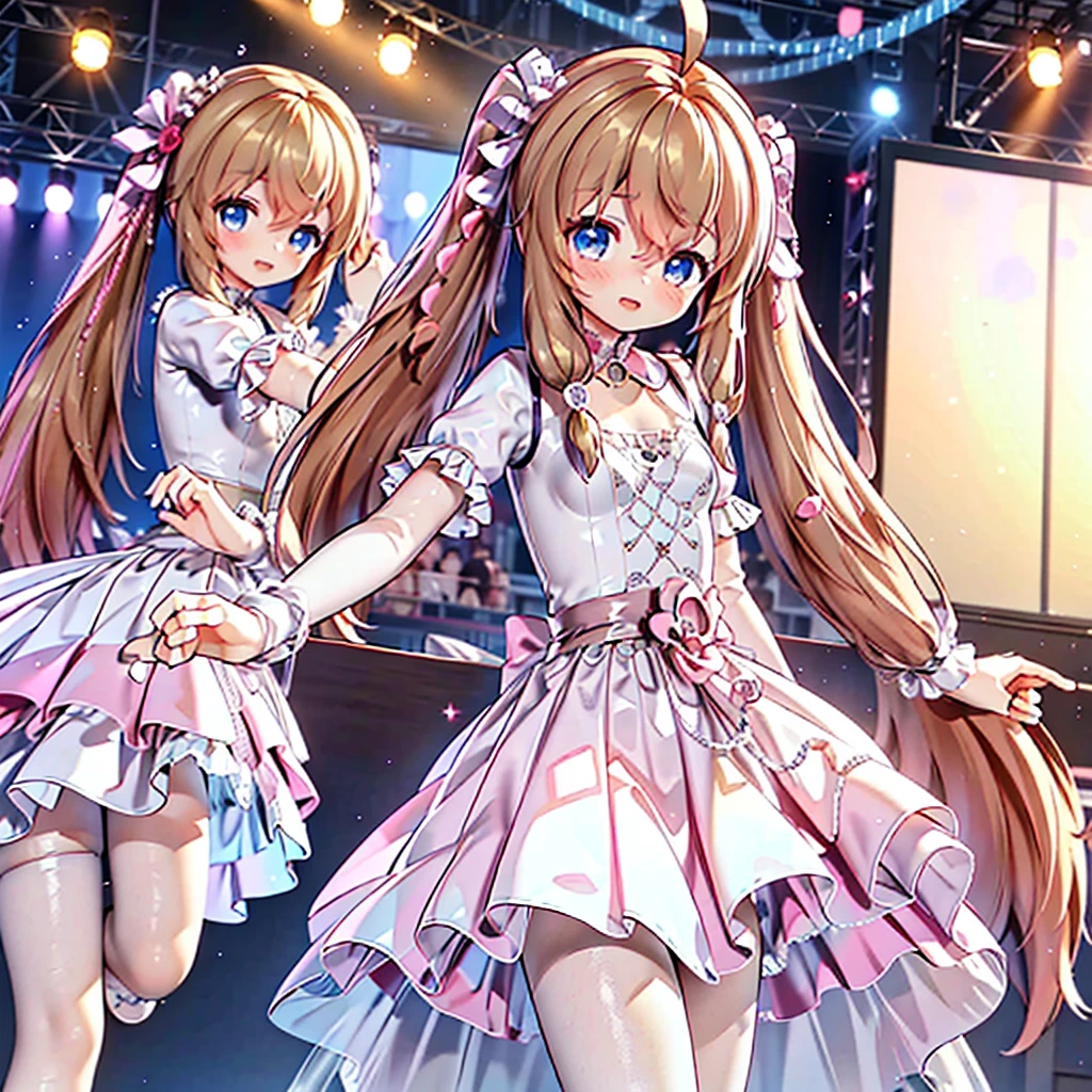 Kawaii girl with Blue eyes and light brown hair, long twintails, wearing yellow princess dresss, open mouth, shy, dance at the stage, neon and led lights, posing, sexy, high-resolution image, masterpiece, high quality, attractive eyes
