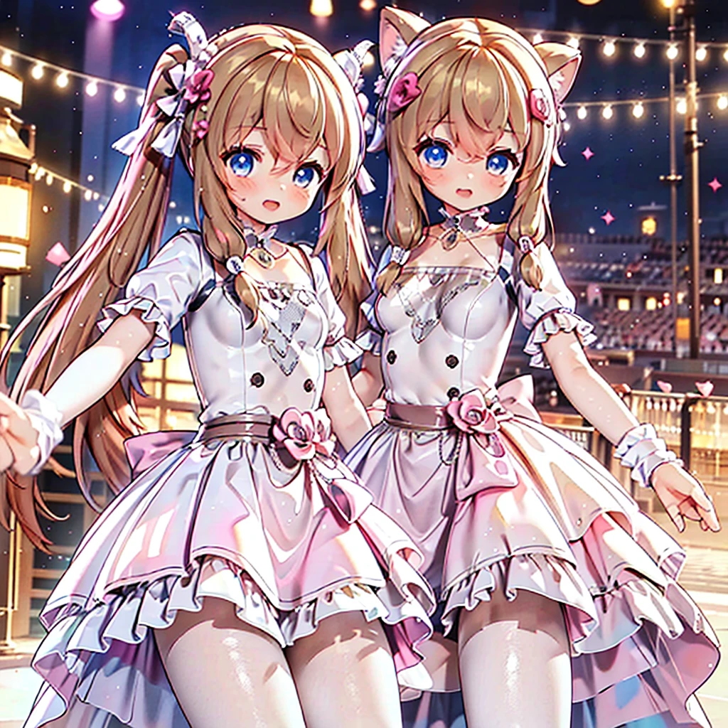Kawaii girl with Blue eyes and light brown hair, long twintails, wearing yellow princess dresss, open mouth, shy, dance at the stage, neon and led lights, posing, sexy, high-resolution image, masterpiece, high quality, attractive eyes