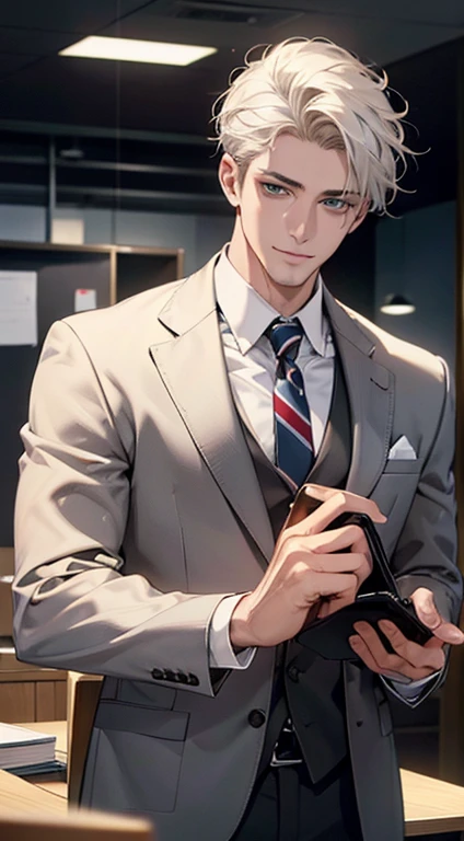 (Highest quality,4K,8K,High resolution,masterpiece:1.2),Super detailed,(Realistic,photoRealistic,photo-Realistic:1.37),1 person,34 years old,Mature Men,Beautiful skin、very handsome,Expressionless smile in love,Short white hair,green eyes,Sharp Eyes,A perfect face without a doubt,Businessman, CEO, Office Background,Cinema Lighting,HDR image,tie、