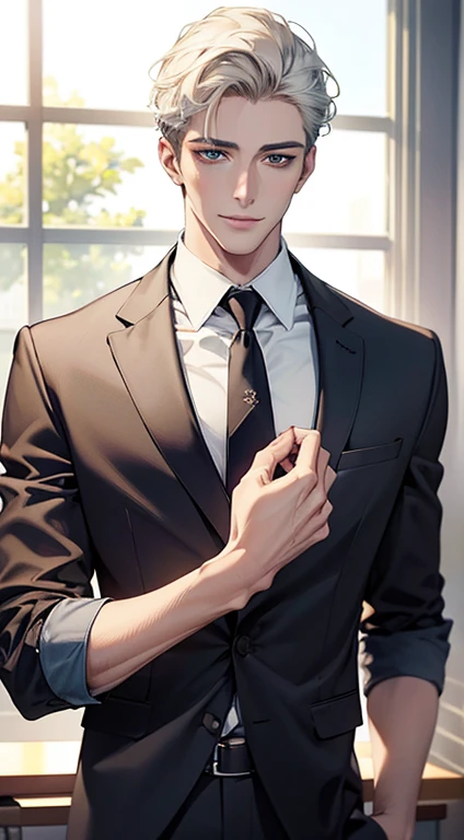 (Highest quality,4K,8K,High resolution,masterpiece:1.2),Super detailed,(Realistic,photoRealistic,photo-Realistic:1.37),1 person,34 years old,Mature Men,Beautiful skin、very handsome,Expressionless smile in love,Short white hair,green eyes,Sharp Eyes,A perfect face without a doubt,Businessman, CEO, Office Background,Cinema Lighting,HDR image,tie、