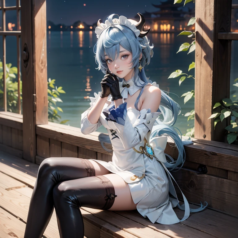 1girl, maid dress, jewelry, blue hair, flowing hair, long hair, white roses, red horns, firefly, oriental architecture, maid dress with a short skirt and layers, frills, white laces, dress with transparency, gold details on her clothes, lake, seat on the water, a garden with lake scenery, more details, night sky, perfectly body, perfectly hands, two hands, two legs, two arms, five fingers, glowing hair, solo, alone, best quality, alone, maid headdress, choker, detached sleeves, maid dress, masterpiece, best quality, detailed face, night, asymmetrical gloves, bangs, short skirt , gloves, boots, night sky, earrings, elbow gloves, fishnet thigh highs, fish masterpiece, solo, best quality, detailed face, gloves, hair between eyes, jewelry, long hair, looking at viewer, sky, solo, thigh boots, thigh highs, uneven gloves, sitting