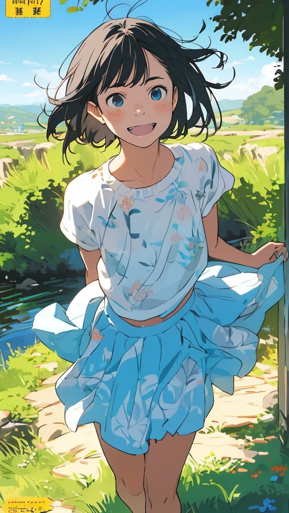 reasonable design, Clear lines, High Sharpness, (highest quality,8K,Perfect sharpness,Ultra fine,High resolution,masterpiece:1.2), Perfect Anatomy:1.5, Official Art, Illustrations that tell a story, (Whitish background:0. 9)、Body Positivity、More Mr.Physical expression、(Random and mischievous poses)、Perfect beauty、Perfect beautiful face、Strong winds、A rich expression、Dynamic composition、smile、Golden ratio composition、colorful、(Mr.Different angles and perspectives)、anime art、mini skirt、(Overcoming stereotypes)、 Glowing Skin、(Natural beauty)、smile、bangs、Straight Hair、(Soft and flowing hair)、(Rural Scenery)、(Nostalgic atmosphere)、Insert up to the thighs、(Playful and carefree)、(More Mr.Ethnic characters)、(innocent attitude)、(Sunny atmosphere)、Skirt flipped up、(Bright colors)、Belly button exposed、Beautiful Eyes、A skirt fluttering in the wind、Put it in to your feet、Some composition patterns、sensuous、Geometric pattern、emotional、Symposium cover、