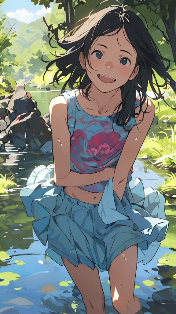 reasonable design, Clear lines, High Sharpness, (highest quality,8K,Perfect sharpness,Ultra fine,High resolution,masterpiece:1.2), Perfect Anatomy:1.5, Official Art, Illustrations that tell a story, (Whitish background:0. 9)、Body Positivity、More Mr.Physical expression、(Random and mischievous poses)、Perfect beauty、Perfect beautiful face、Strong winds、A rich expression、Dynamic composition、smile、Golden ratio composition、colorful、(Mr.Different angles and perspectives)、anime art、mini skirt、(Overcoming stereotypes)、 Glowing Skin、(Natural beauty)、smile、bangs、Straight Hair、(Soft and flowing hair)、(Rural Scenery)、(Nostalgic atmosphere)、Insert up to the thighs、(Playful and carefree)、(More Mr.Ethnic characters)、(innocent attitude)、(Sunny atmosphere)、Skirt flipped up、(Bright colors)、Belly button exposed、Beautiful Eyes、A skirt fluttering in the wind、Put it in to your feet、Some composition patterns、sensuous、Geometric pattern、emotional、Symposium cover、
