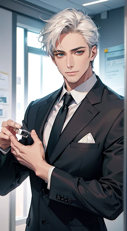 (Highest quality,4K,8K,High resolution,masterpiece:1.2),Super detailed,(Realistic,photoRealistic,photo-Realistic:1.37),1 person,34 years old,Mature Men,Beautiful skin、very handsome,Expressionless smile in love,Short white hair,green eyes,Sharp Eyes,A perfect face without a doubt,Businessman, CEO, Office Background,Cinema Lighting,HDR image,tie、