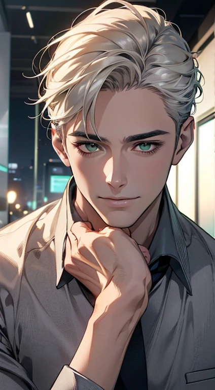 (Highest quality,4K,8K,High resolution,masterpiece:1.2),Super detailed,(Realistic,photoRealistic,photo-Realistic:1.37),1 person,34 years old,Mature Men,Beautiful skin、very handsome,Expressionless smile in love,Short white hair,green eyes,Sharp Eyes,A perfect face without a doubt,Businessman, CEO, Office Background,Cinema Lighting,HDR image,tie、