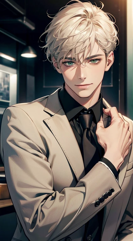 (Highest quality,4K,8K,High resolution,masterpiece:1.2),Super detailed,(Realistic,photoRealistic,photo-Realistic:1.37),1 person,34 years old,Mature Men,Beautiful skin、very handsome,Expressionless smile in love,Short white hair,green eyes,Sharp Eyes,A perfect face without a doubt,Businessman, CEO, Office Background,Cinema Lighting,HDR image,tie、