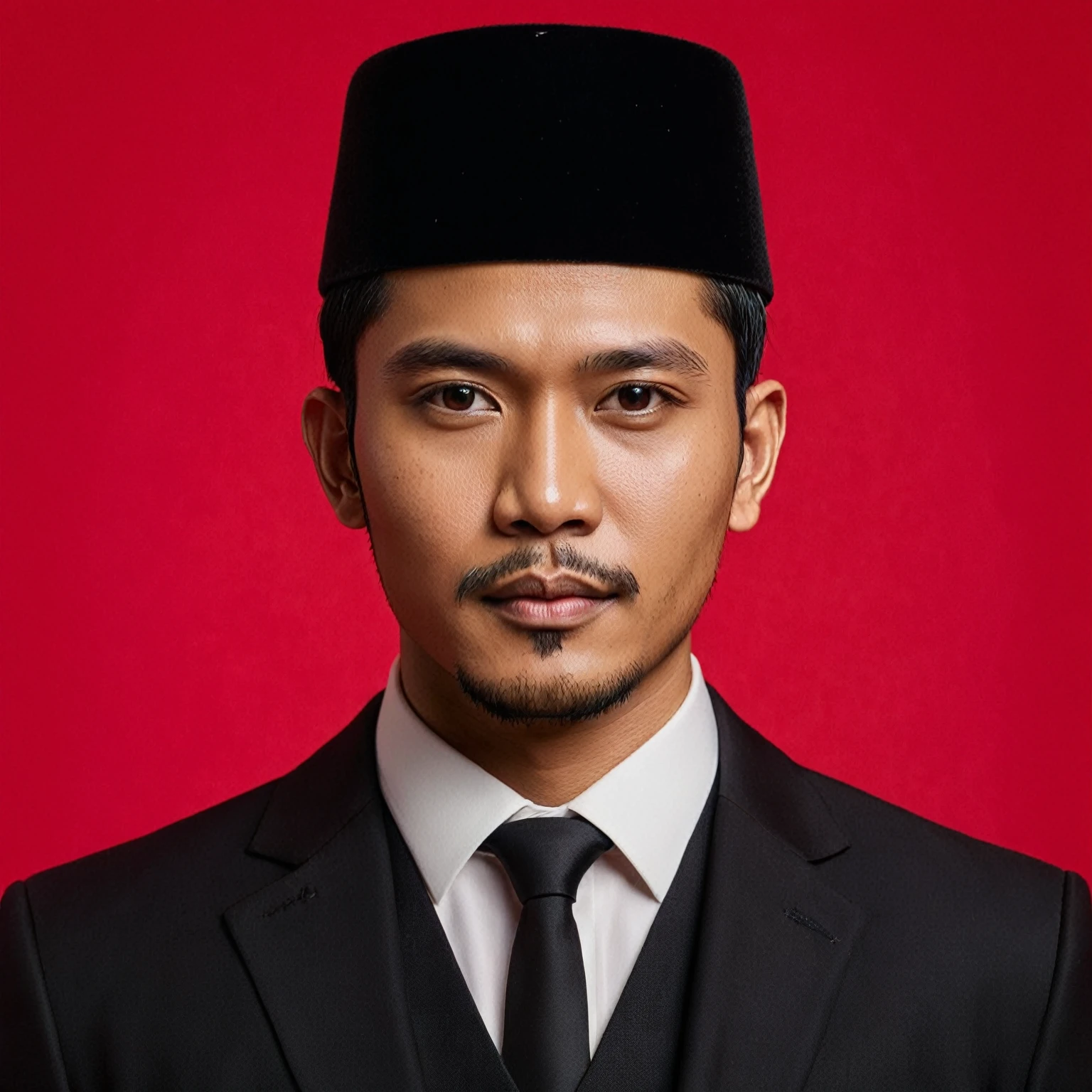 realistic photo, formal photo, Indonesian male, 35 years old, oval head, wearing a black Muslim hat, wearing a black suit, wearing a white shirt, red background 