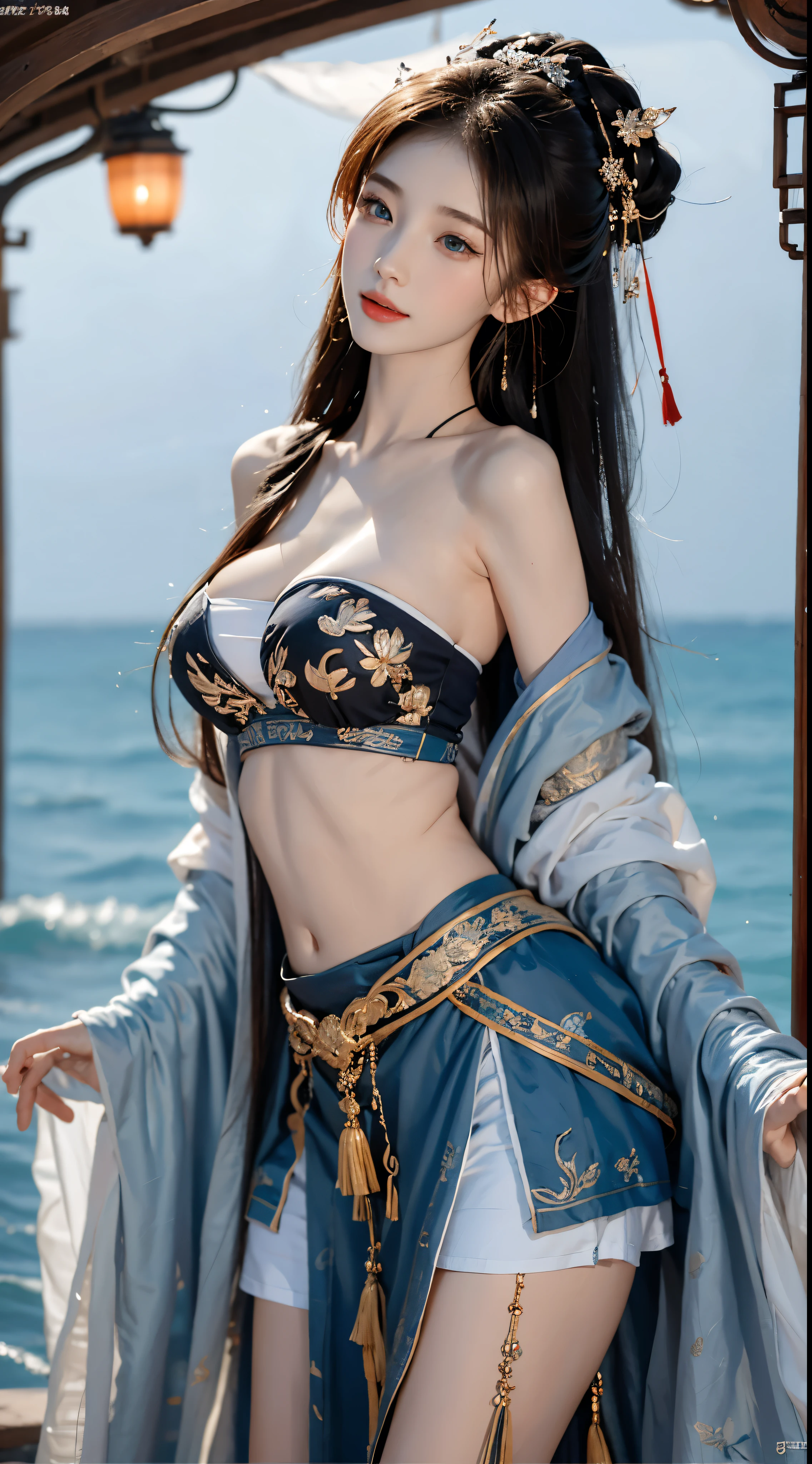 Gu Feng,맨 어깨 장식water、best quality、high resolution),Photographic Awardasterpiece，blue hair，blue eyes，lifelike，high resolution，soft light，colored hair，water，water下，ocean，single skirt, big bust, split, elegance的姿态，sexy and slim legs, original photo, 脸庞beauty精致，Otherworldly beauty, attract attention。beauty、elegance、Mystery, Correct limbs, anatomically correct