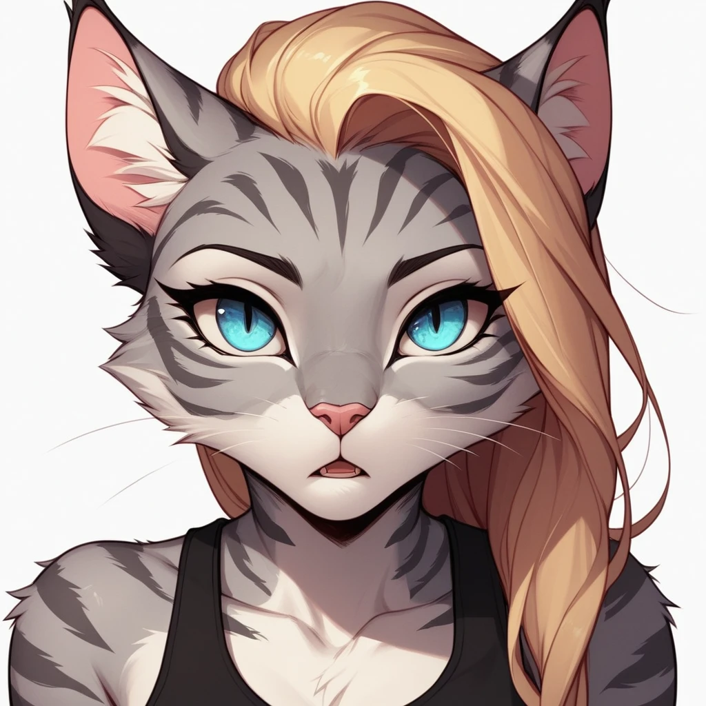 score_9,score_8_up,score_7_up, score_6_up, score_5_up, source_cartoon, flat colors, no shading, Kat, Anthro furry feline, silver fur, grey stripes on body, blue eyes, long blonde hair, undercut hair, pink nose, :3, wearing black tank top, exaggerated expression, upper body shot, mouth open, talking, eyes half open, jitome, expressionless, looking at viewer, cowboy shot, upper body shot, bored, simple white background,