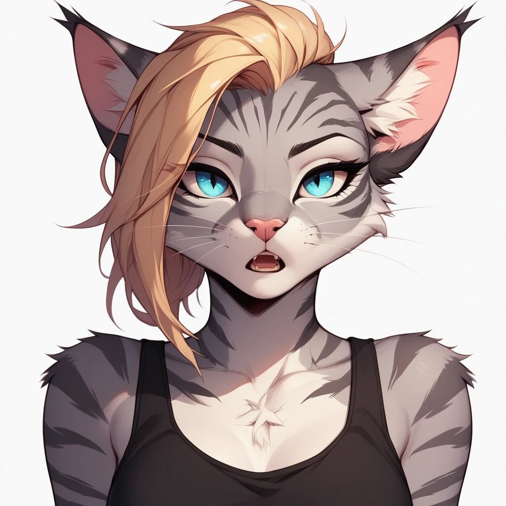 score_9,score_8_up,score_7_up, score_6_up, score_5_up, source_cartoon, flat colors, no shading, Kat, Anthro furry feline, silver fur, grey stripes on body, blue eyes, long blonde hair, undercut hair, pink nose, :3, wearing black tank top, exaggerated expression, upper body shot, mouth open, talking, eyes half open, jitome, expressionless, looking at viewer, cowboy shot, upper body shot, bored, simple white background,