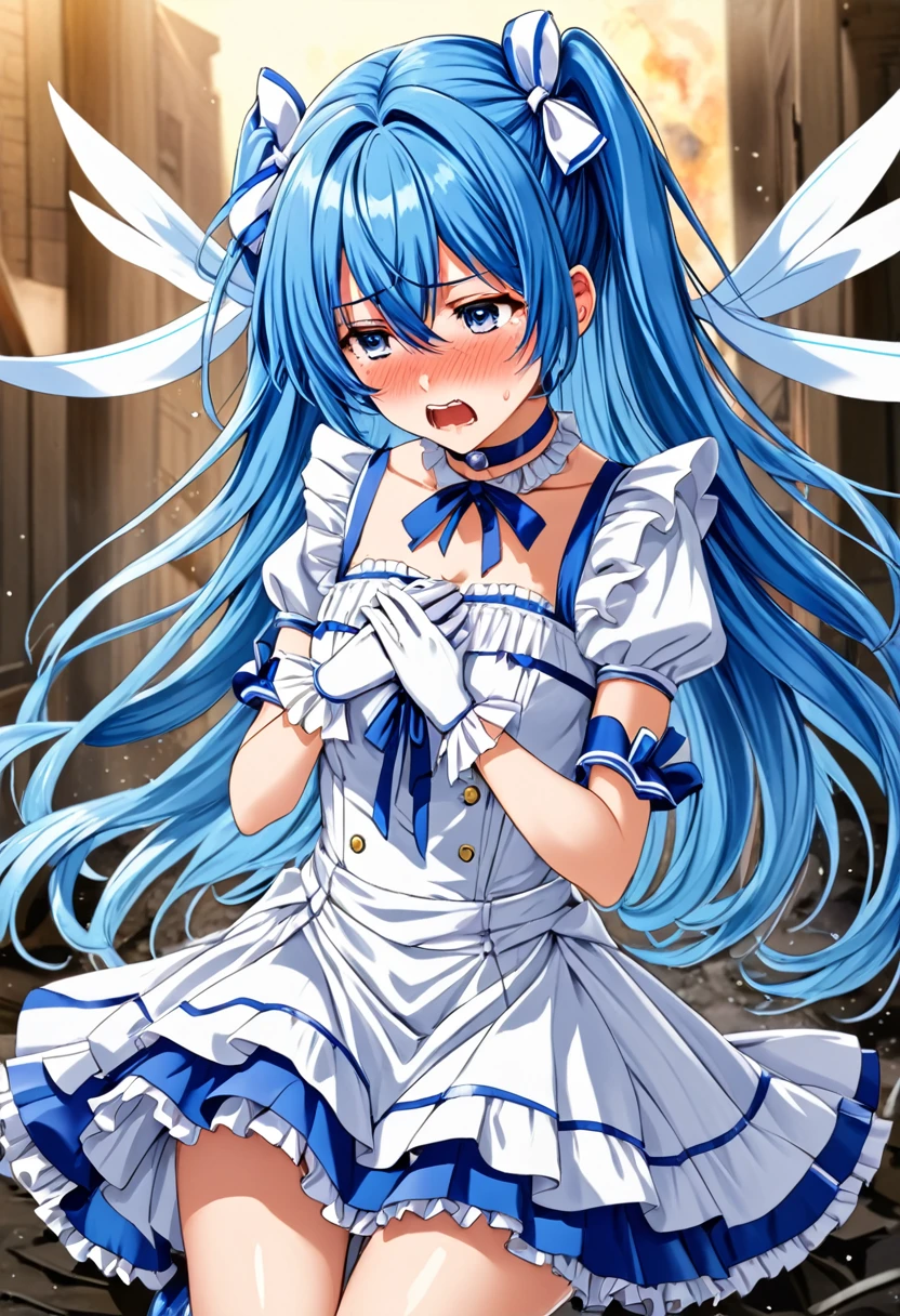 honoka,cure white,,mini skirt, choker,Thigh belt,Chest ribbon, Detailed hairstyle and outfit, Long, flowing blue hair, White and blue ruffled dress, White gloves and boots, Hold your ears with both hands, Blushing, In pain, suffer from the enemy&#39;s sonic attacks, Dynamic and powerful scenes with eyes closed, Background with sound waves,masterpiece, Highest quality,, Highly detailed background, Perfect lighting, (beautiful, Highest quality:1.1), masterpiece, Perfect Eyes, (beautiful), (erotic:1.2) 