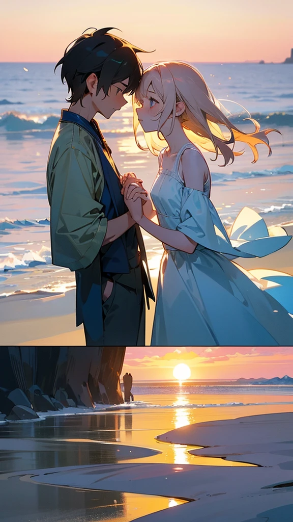 Create an illustration of a couple holding hands. The couple should be standing side by side, their fingers intertwined in a gentle and affectionate manner. The setting is a serene, picturesque location, such as a beach at sunset or a blooming garden. The mood should be romantic and peaceful, capturing the warmth and love between the two individuals. Pay attention to the small details, like the expressions on their faces and the natural surroundings, to convey a deep connection and intimacy