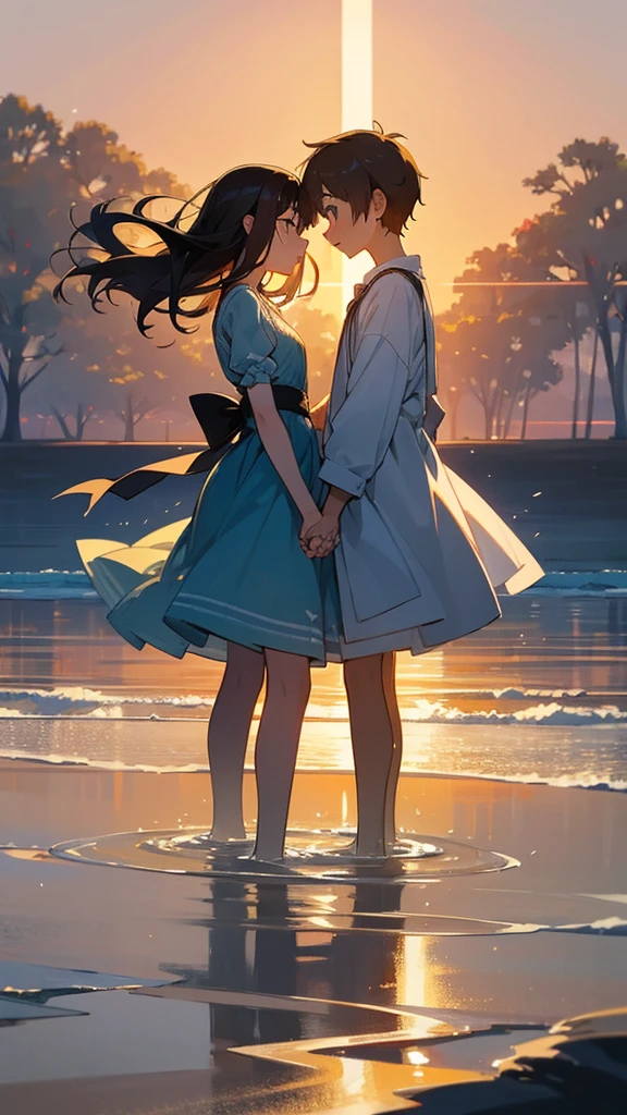 Create an illustration of a couple holding hands. The couple should be standing side by side, their fingers intertwined in a gentle and affectionate manner. The setting is a serene, picturesque location, such as a beach at sunset or a blooming garden. The mood should be romantic and peaceful, capturing the warmth and love between the two individuals. Pay attention to the small details, like the expressions on their faces and the natural surroundings, to convey a deep connection and intimacy